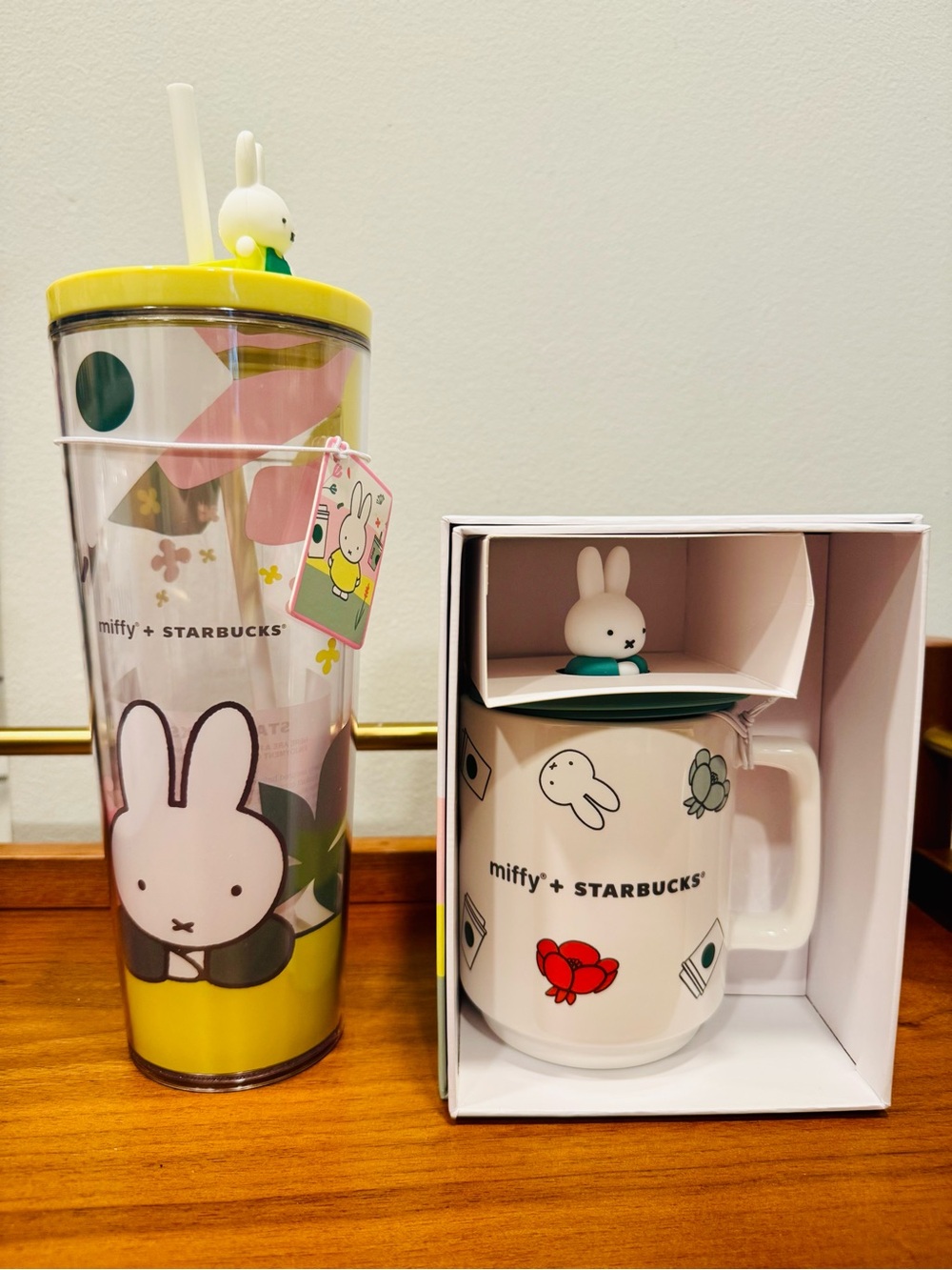 Starbucks Yellow Pink Clear Miffy Travel Tumbler with Bunny Topper